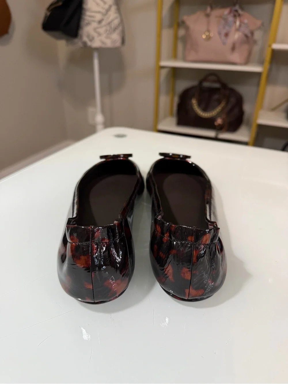 Tory Burch Tortoiseshell Patent Reva Ballet Flats - Brown/Black/Amber Sz 8.5